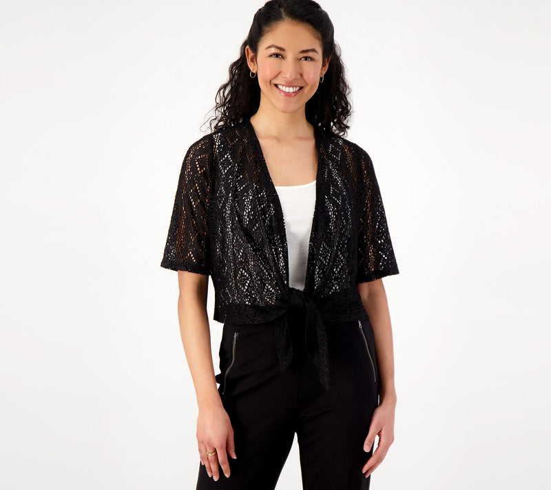 Susan Graver Pointelle Knit Elbow-Sleeve Tie-Front Shrug — View 5