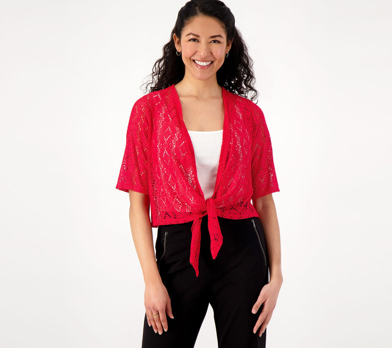 Susan Graver Pointelle Knit Elbow-Sleeve Tie-Front Shrug — View 3