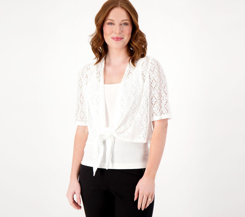 Susan Graver Pointelle Knit Elbow-Sleeve Tie-Front Shrug — View 13