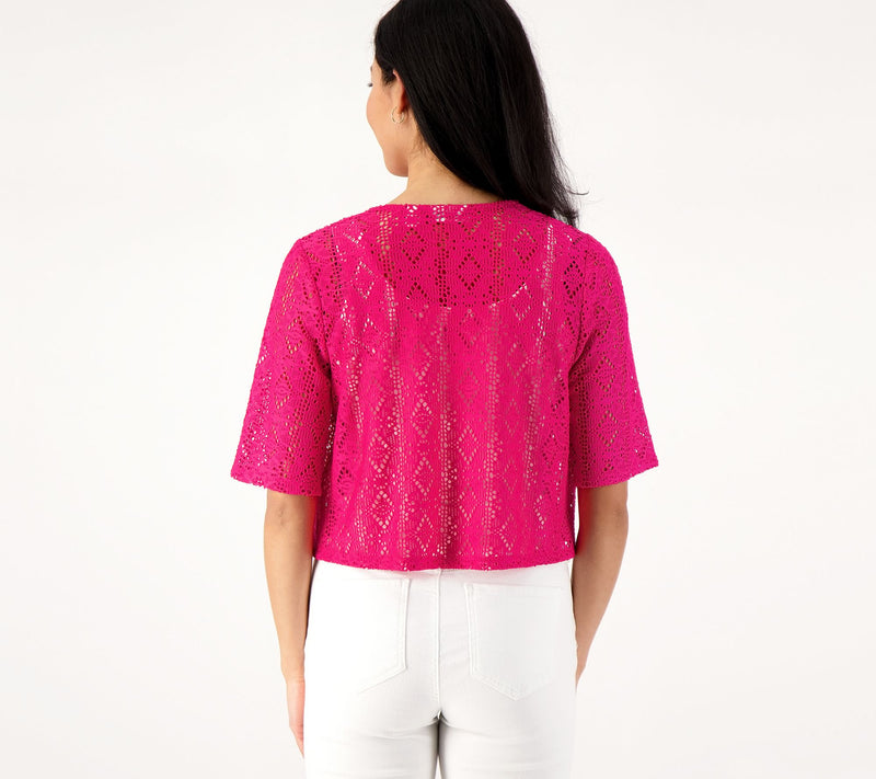 Susan Graver Pointelle Knit Elbow-Sleeve Tie-Front Shrug — View 14