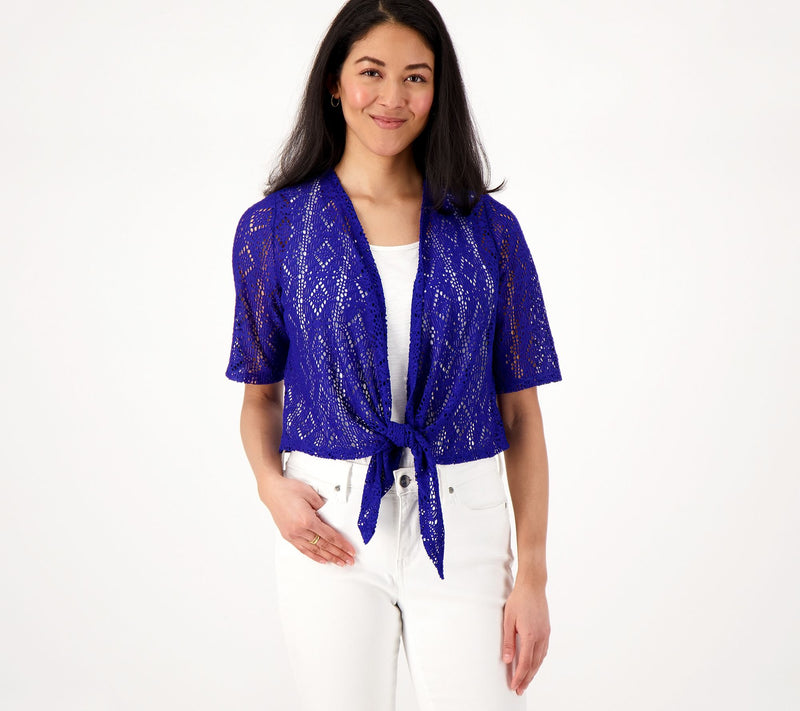 Susan Graver Pointelle Knit Elbow-Sleeve Tie-Front Shrug — View 9