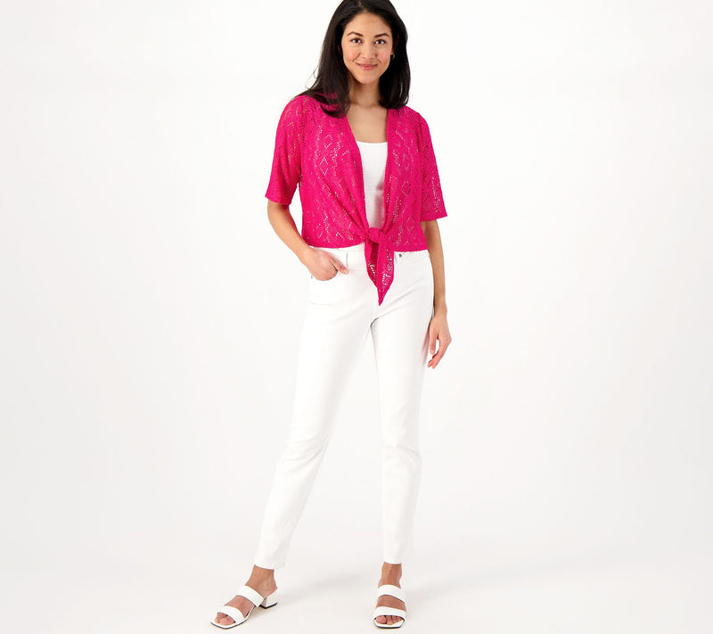 Susan Graver Pointelle Knit Elbow-Sleeve Tie-Front Shrug — View 15