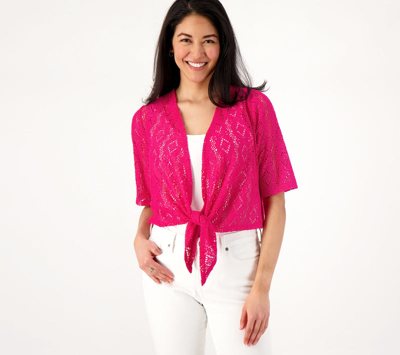 Susan Graver Pointelle Knit Elbow-Sleeve Tie-Front Shrug — View 7