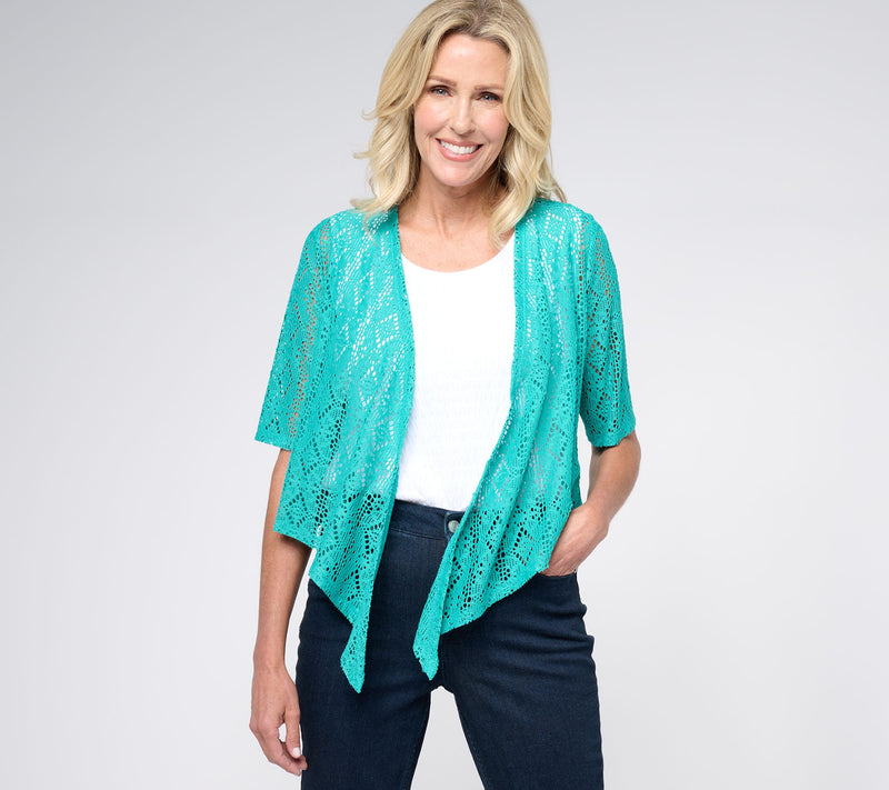 Susan Graver Pointelle Knit Elbow-Sleeve Tie-Front Shrug — View 11
