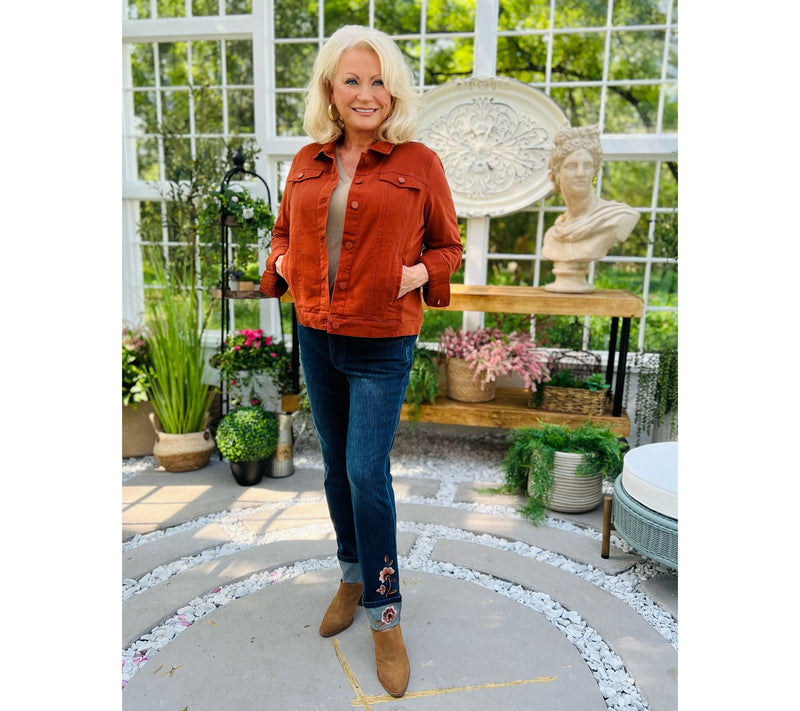 Belle by Kim Gravel Twill Jacket with Knit Back and Sleeves — View 18