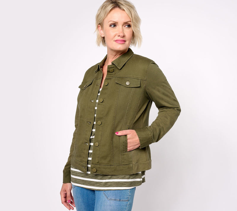 Belle by Kim Gravel Twill Jacket with Knit Back and Sleeves — View 9