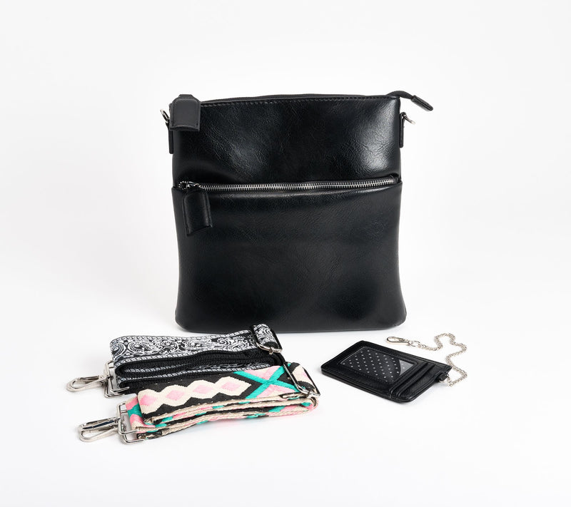 "As Is"Ahdorned Double Zip Faux Leather Crossbody w/ 2 Straps — View 5