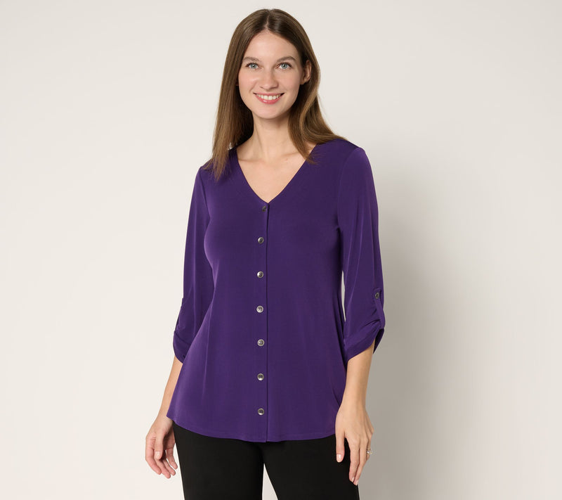 Susan Graver Liquid Knit V-Neck Button Trimmed Roll Tab Top — Main view