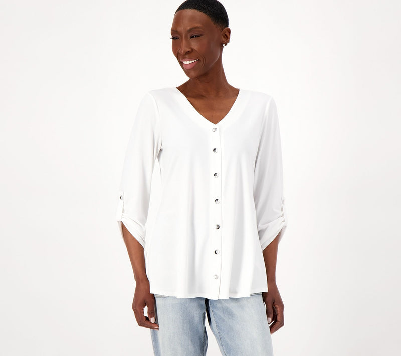 Susan Graver Liquid Knit V-Neck Button Trimmed Roll Tab Top — View 9