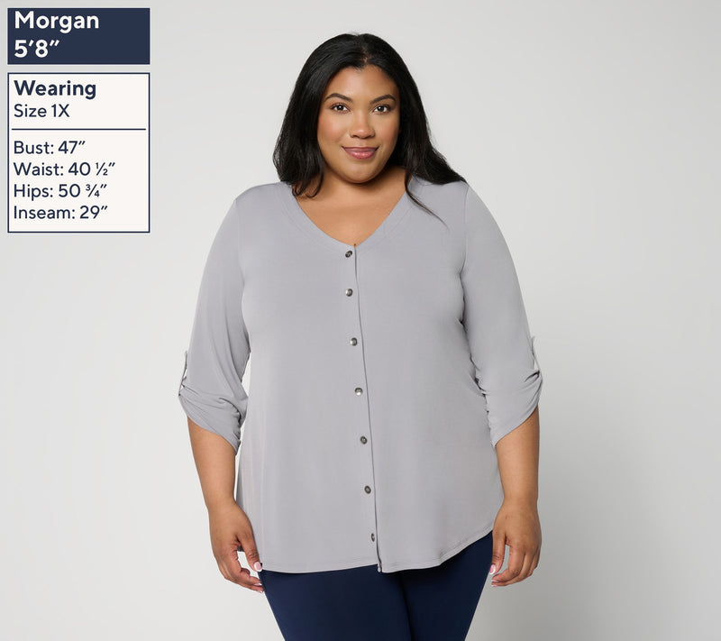 Susan Graver Liquid Knit V-Neck Button Trimmed Roll Tab Top — View 12