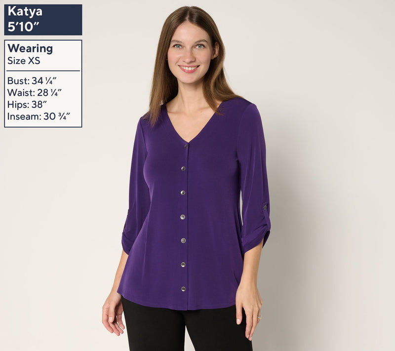 Susan Graver Liquid Knit V-Neck Button Trimmed Roll Tab Top — View 13