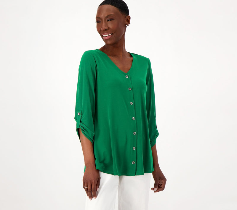 Susan Graver Liquid Knit V-Neck Button Trimmed Roll Tab Top — View 5
