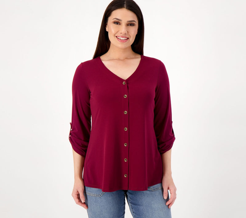 Susan Graver Liquid Knit V-Neck Button Trimmed Roll Tab Top — View 7