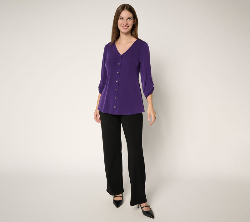 Susan Graver Liquid Knit V-Neck Button Trimmed Roll Tab Top — View 15