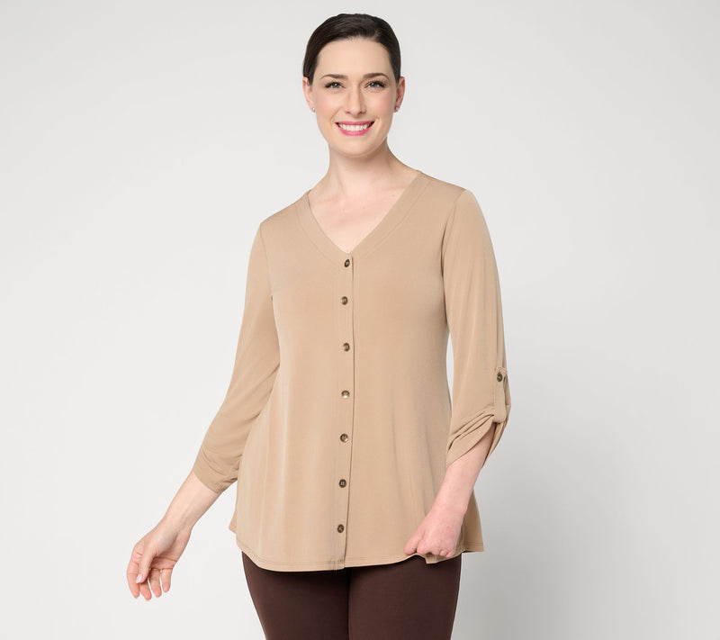 Susan Graver Liquid Knit V-Neck Button Trimmed Roll Tab Top — View 26