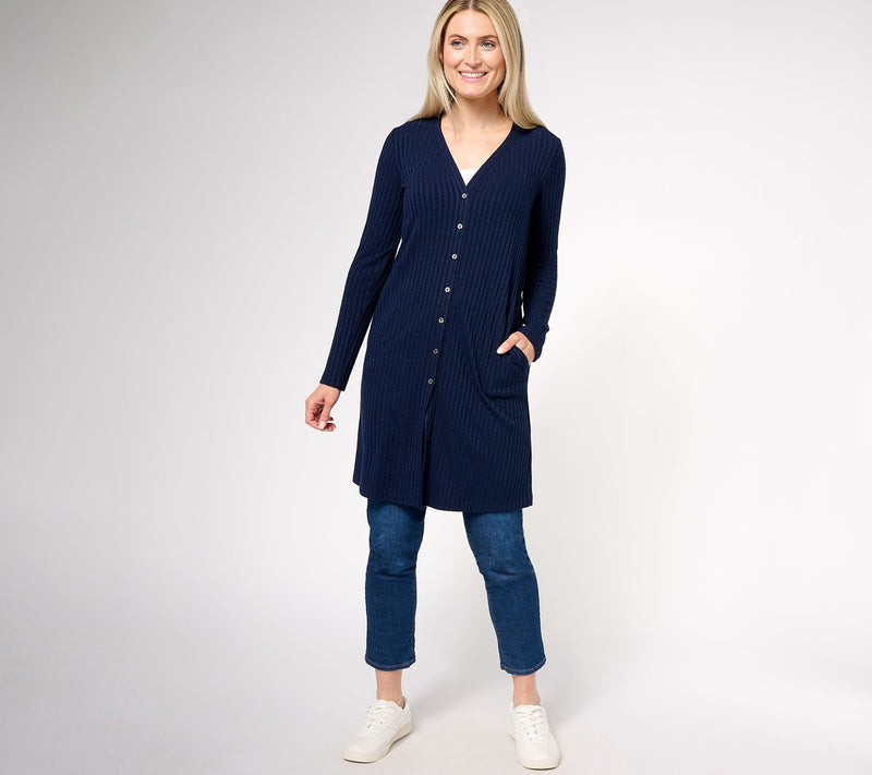 Susan Graver Regular Sweater Rib Knit Button-Front Duster Cardigan — View 10