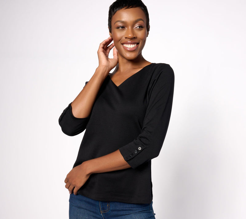 Isaac Mizrahi Live! Essentials Pima Cotton V-Neck 3/4 Sleeve Top — View 3