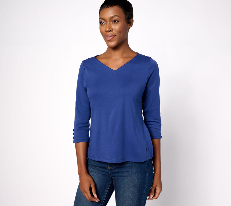 Isaac Mizrahi Live! Essentials Pima Cotton V-Neck 3/4 Sleeve Top — View 7