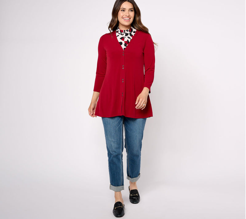 Susan Graver Reg Solid Liquid Knit A-Line Cardigan & Print_Tank St — View 11