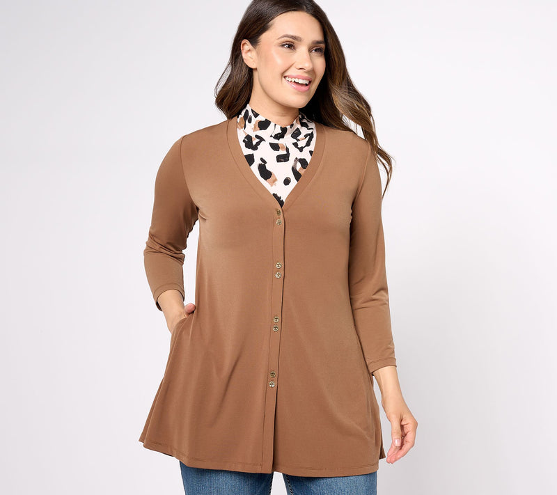 Susan Graver Reg Solid Liquid Knit A-Line Cardigan & Print_Tank St — Main view