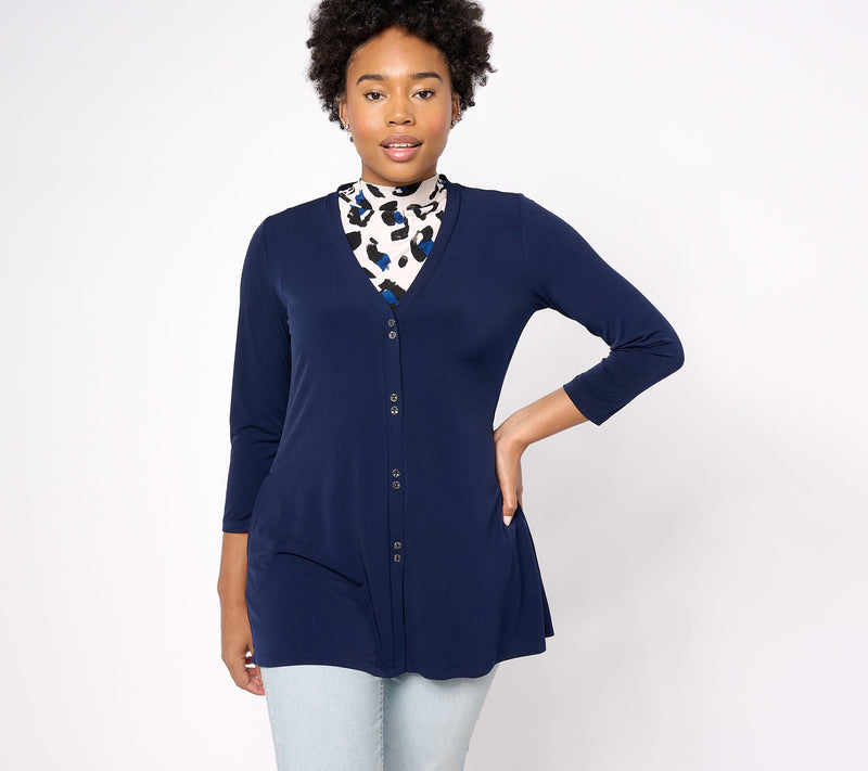 Susan Graver Pet Solid Liquid Knit A-Line Cardigan & Prnt Tank Set — View 7