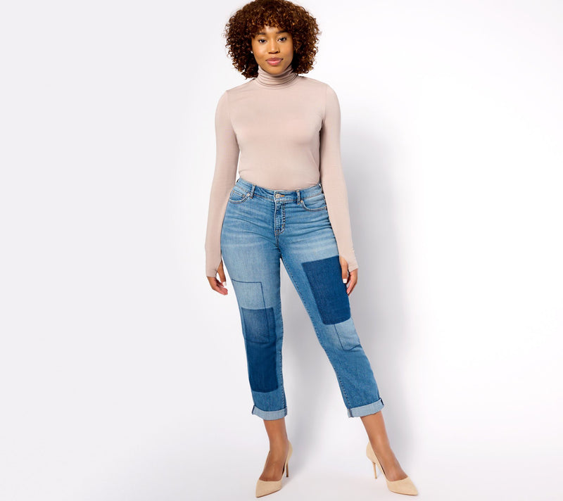 LOGO by Lori Goldstein Regular Shadow Patch Boyfriend Jeans — View 13