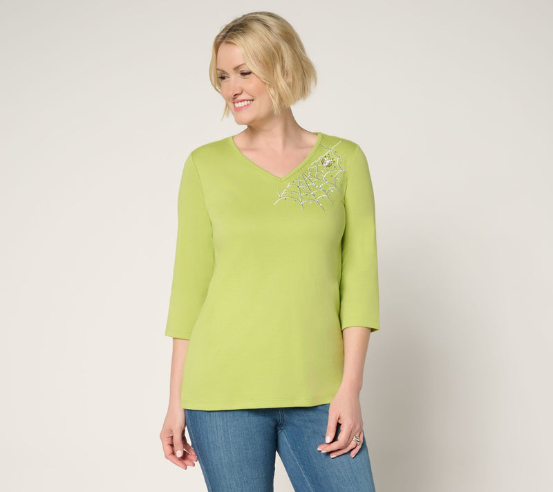Quacker Factory The Web Embroidered V-Neck 3/4 Sleeve Top — Main view