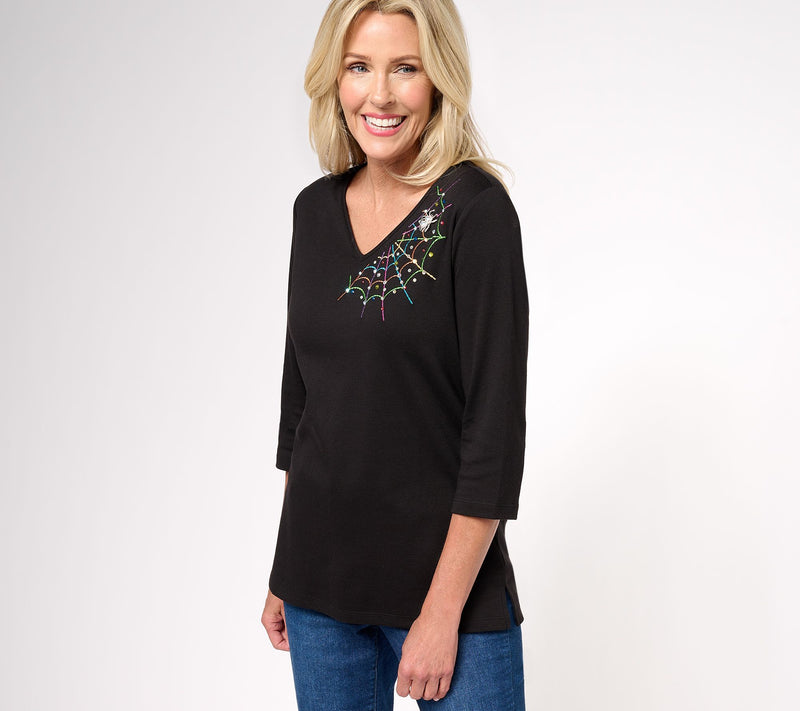 Quacker Factory The Web Embroidered V-Neck 3/4 Sleeve Top — View 7