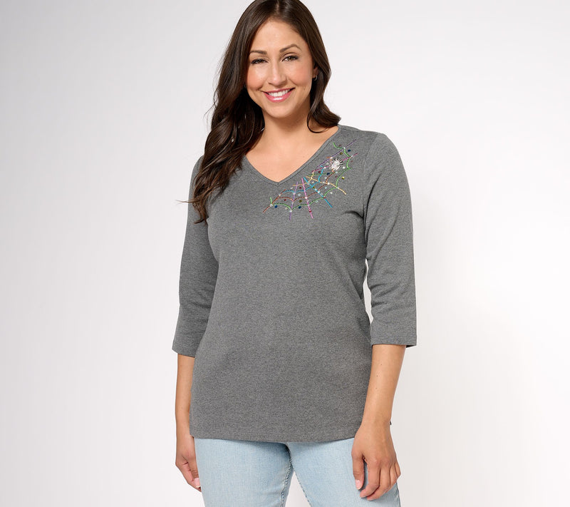 Quacker Factory The Web Embroidered V-Neck 3/4 Sleeve Top — View 5