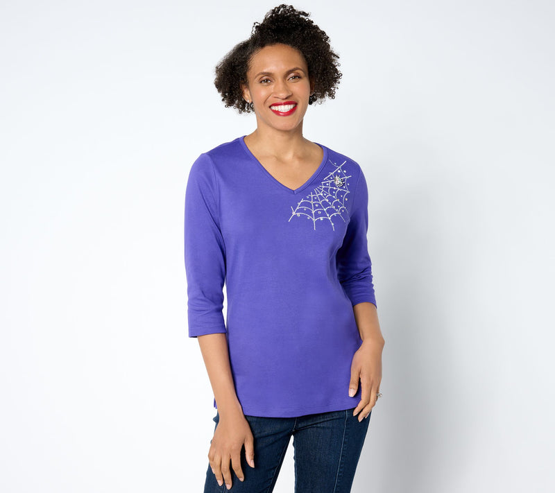 Quacker Factory The Web Embroidered V-Neck 3/4 Sleeve Top — View 15