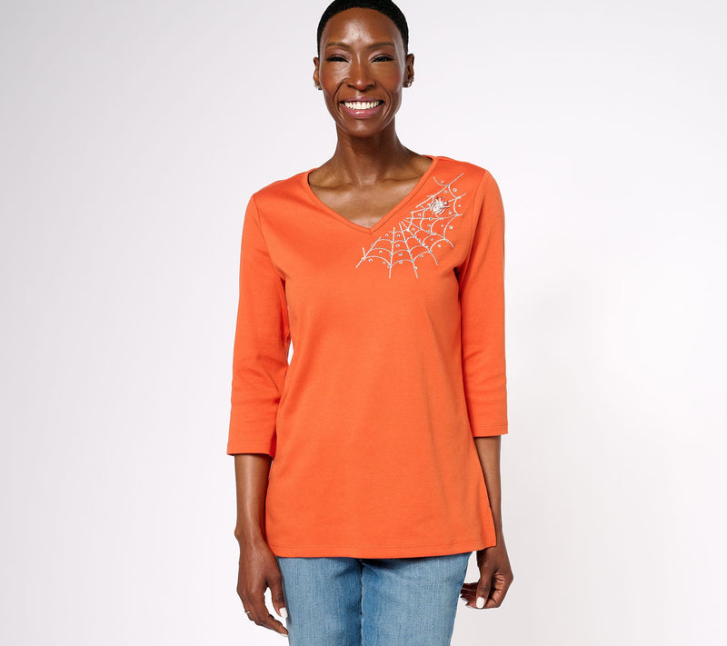 Quacker Factory The Web Embroidered V-Neck 3/4 Sleeve Top — View 3
