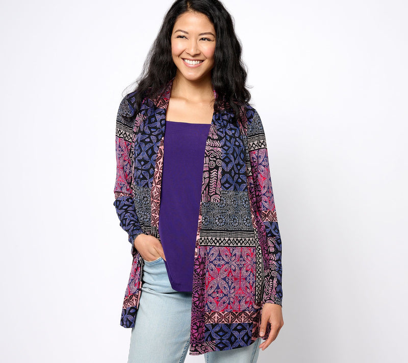 Susan Graver Regular Printed Liquid Knit Cardigan and Solid Tank Set — View 3