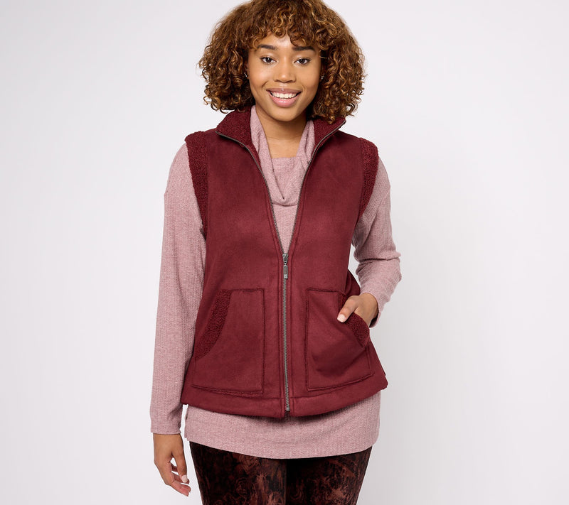 Susan Graver Weekend Bonded Sherpa/Faux Suede Zip-Front Vest — View 3