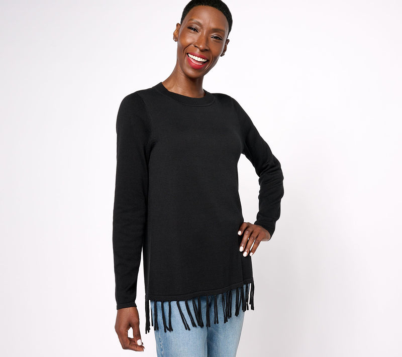 Susan Graver Crewneck Sweater with Fringe — View 9