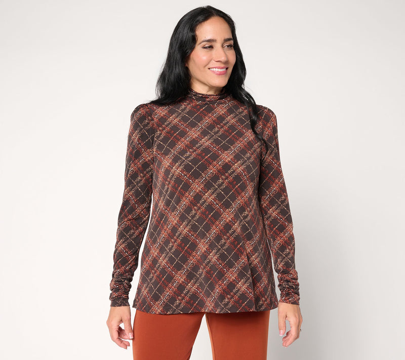 Susan Graver Printed Liquid Knit Mock-Neck A-Line Top Button Trim — View 2