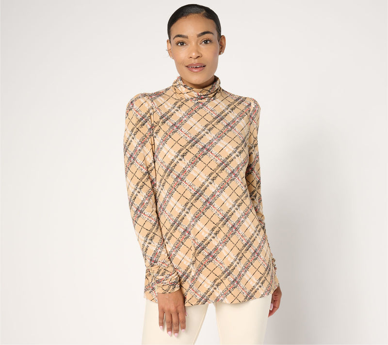 Susan Graver Printed Liquid Knit Mock-Neck A-Line Top Button Trim — View 16