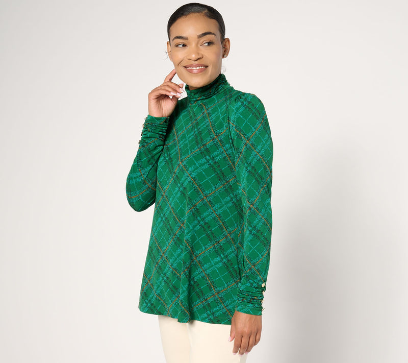 Susan Graver Printed Liquid Knit Mock-Neck A-Line Top Button Trim — View 20