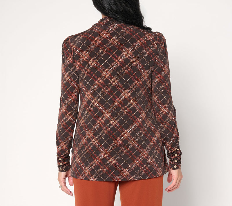 Susan Graver Printed Liquid Knit Mock-Neck A-Line Top Button Trim — View 5