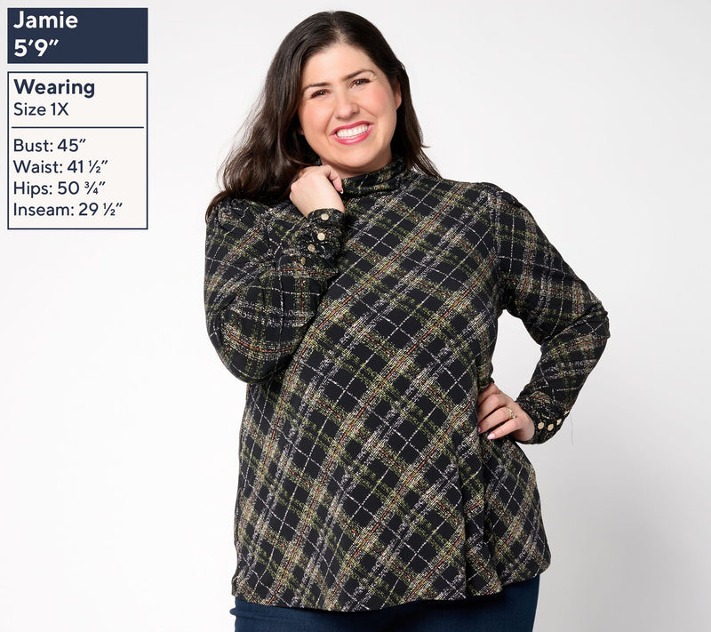 Susan Graver Printed Liquid Knit Mock-Neck A-Line Top Button Trim — View 3
