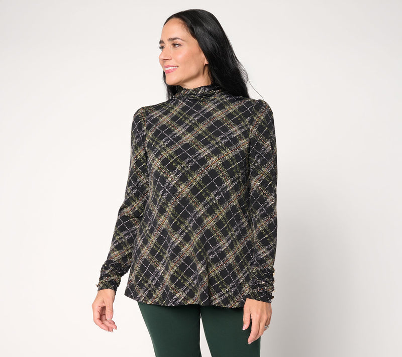 Susan Graver Printed Liquid Knit Mock-Neck A-Line Top Button Trim — View 22