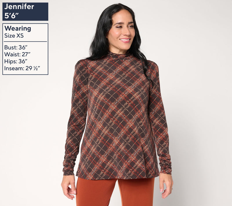 Susan Graver Printed Liquid Knit Mock-Neck A-Line Top Button Trim — View 4