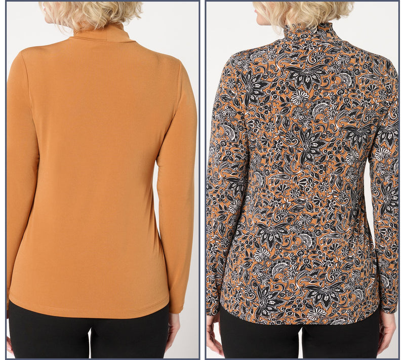 Susan Graver Print and Solid Liquid Knit Set of 2 Mock-Neck Tops — View 17