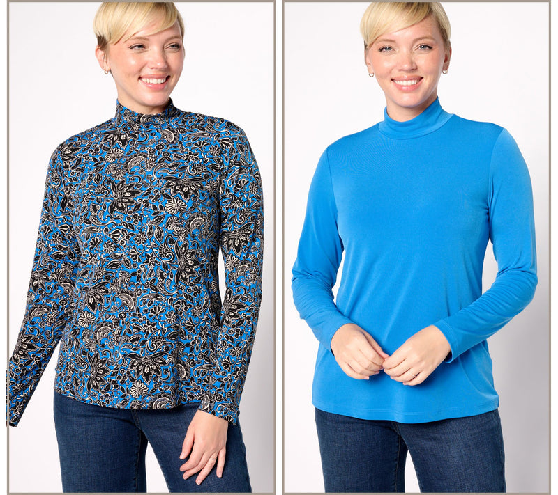 Susan Graver Print and Solid Liquid Knit Set of 2 Mock-Neck Tops — View 3