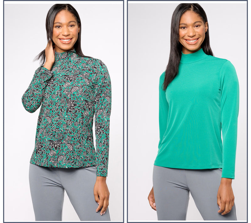 Susan Graver Print and Solid Liquid Knit Set of 2 Mock-Neck Tops — View 7