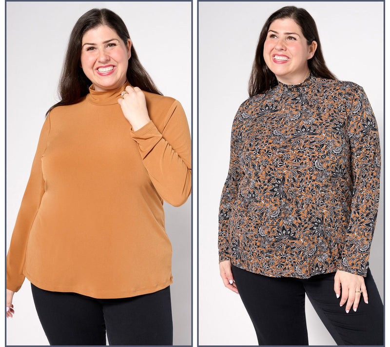 Susan Graver Print and Solid Liquid Knit Set of 2 Mock-Neck Tops — View 16
