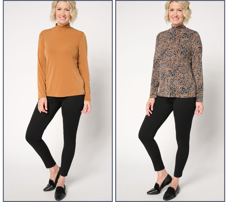Susan Graver Print and Solid Liquid Knit Set of 2 Mock-Neck Tops — View 18