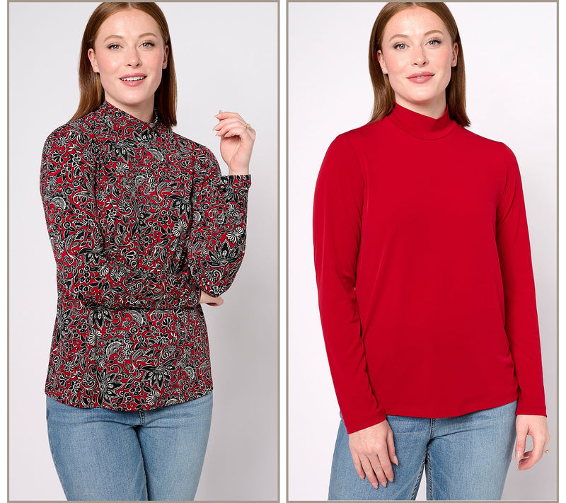 Susan Graver Print and Solid Liquid Knit Set of 2 Mock-Neck Tops — View 13