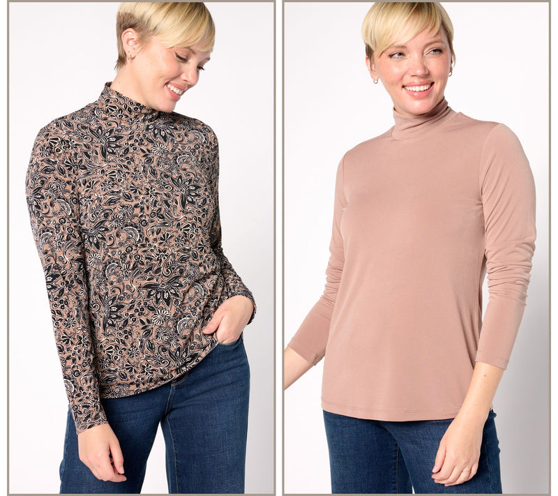 Susan Graver Print and Solid Liquid Knit Set of 2 Mock-Neck Tops — View 15
