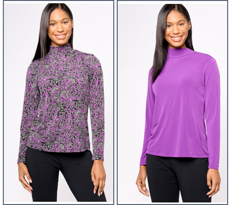 Susan Graver Print and Solid Liquid Knit Set of 2 Mock-Neck Tops — View 11