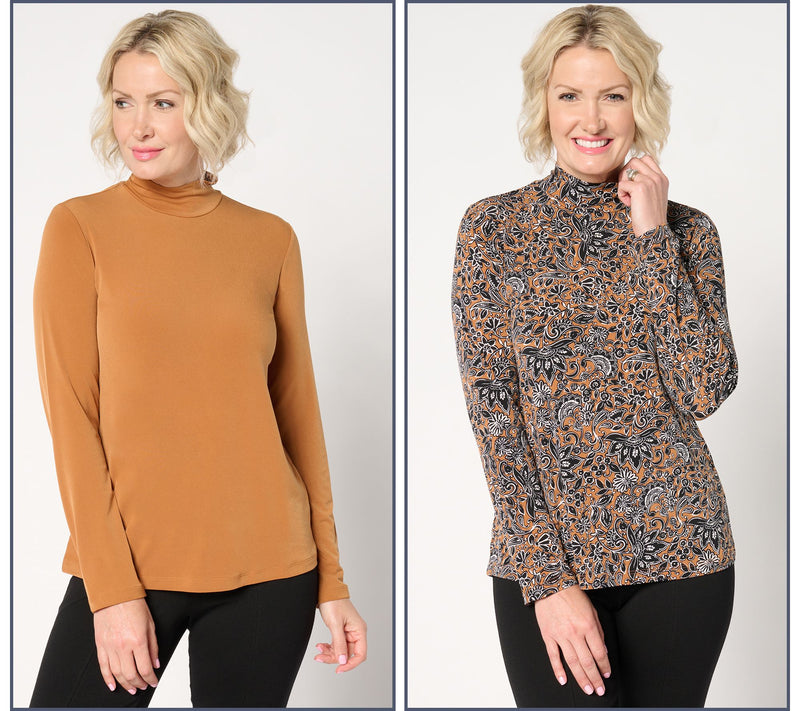 Susan Graver Print and Solid Liquid Knit Set of 2 Mock-Neck Tops — View 5
